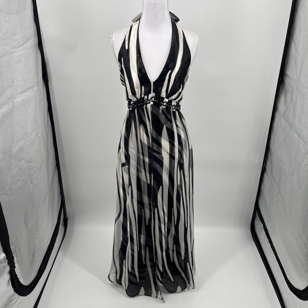 Vintage Y2K Women's Silk Halter Maxi Dress Zebra Print 6 S Backless Euro Glam